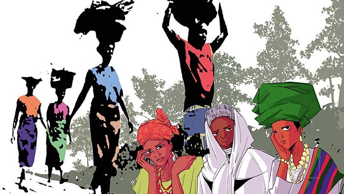 Lebendige Illustration verschiedener Menschen, die Lasten tragen und traditionelle Kleidung in einer ländlichen Umgebung tragen.