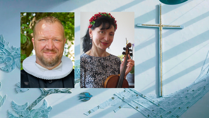 Billedet viser en mand og en kvinde med violin, og et kors i en blå miljø
