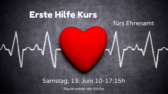 Rotes Herz auf schwarzem Hintergrund. Rechts und links neben dem Herz weißes Kardiogramm. Daten der Veranstaltung