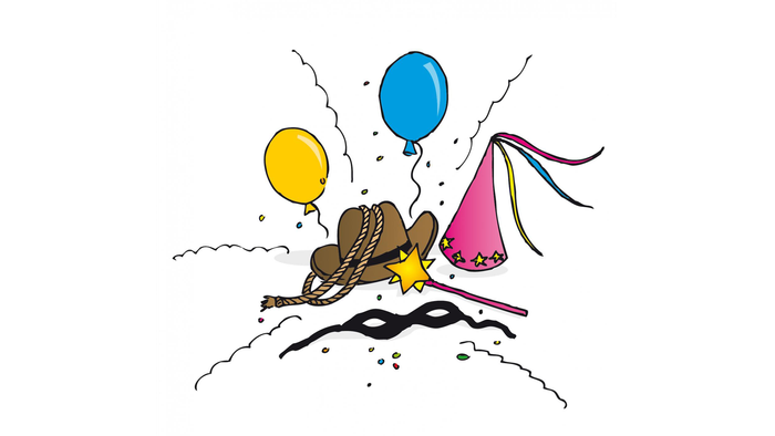 Ein Cowboyhut mit Stern, zwei Luftballons und eine Schleife auf weißem Hintergrund