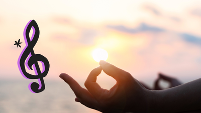 Symbolbild: Violinschlüssel, daneben eine geöffnete Hand, Zeigefinger und Daumen zum Kreis geformt, darüber die untergehende Sonne