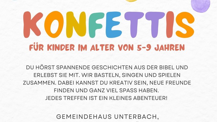 Ein buntes Plakat, das eine biblische Aktivitätsveranstaltung für Kinder im Alter von 5 bis 9 Jahren bewirbt, mit Kontaktdaten.