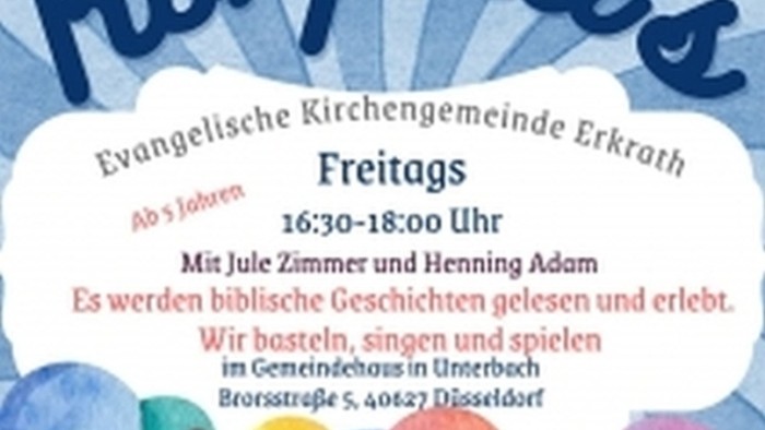 Evangelisches Kirchgemeinde Erkrath lädt ein: Konfettis Freitags mit Jule Zimmer und Henning Adam, biblische Geschichten, Singen und Spielen im Gemeindehaus in Unterdorf.