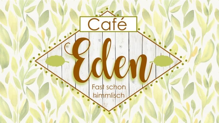 Das Bild zeigt das Logo des Cafés Eden mit einem Blättermuster im Hintergrund.