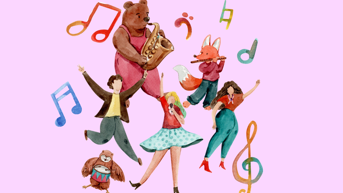 Tanzende Tiere spielen und tanzen fröhlich zur Musik