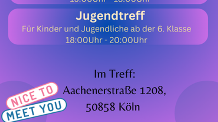 Flyer für Treffs in Köln: Familien-, Kindertreff und Jugendtreff mit Zeiten und Ort