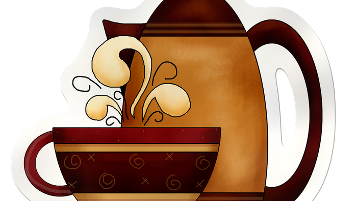 Livlig illustration af en tekande, der hælder i en dekorativ kaffekop med damp, der slynger sig.