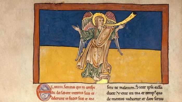 Das Bild zeigt einen Engel mit einem Buch, umgeben von lateinischem Text.