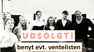 Sort-hvid gruppefoto med "udsolgt"-skilt og dansk tekst, der foreslår at bruge en venteliste.