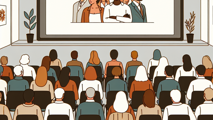 Et forskelligartet publikum ser en paneldebat eller præsentation på en stor skærm.