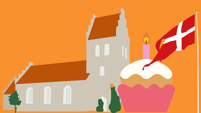 Illustreret scene med et slot, Dannebrog og en tændt fødselsdagskage med lys.