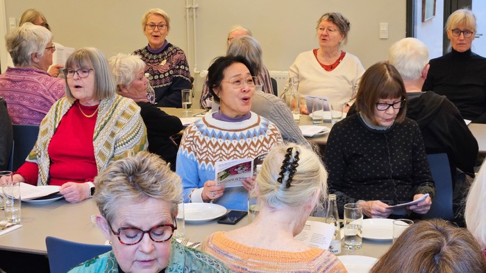 Gruppe af ældre mennesker, der nyder et måltid og socialiserer sammen indendørs.