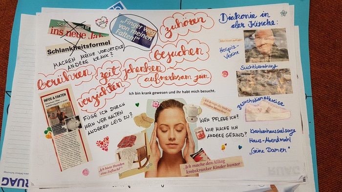 Das Bild zeigt eine Collage mit verschiedenen Zitaten, Bildern und Notizen in Deutsch.