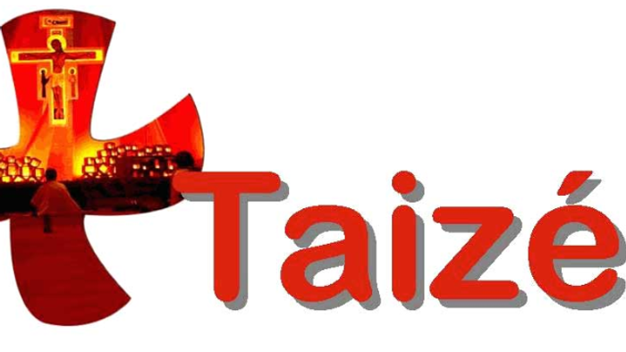 Red cross symbol with yellow center and word Taizé in red font