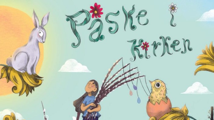 Farverig påskeillustration med kaniner, fugle og børn, der fejrer foråret med pyntede æg og svampe.