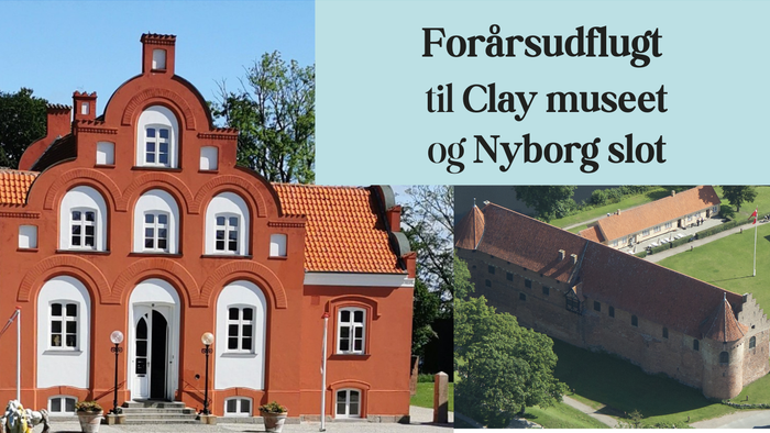 Flyer annoncerende en forårstur med fly til Clay Museum og Nyborg Slot i Danmark.