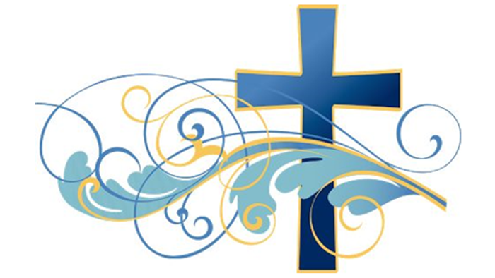 Blue cross with decorative swirls.