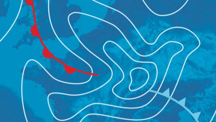 Eine blaue topografische Karte mit roten und weißen Linien, die Wege oder Routen anzeigen.