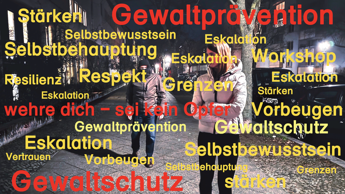 Eine Collage zur Förderung von Gewaltprävention und Selbstverteidigung mit deutschen Schlüsselwörtern und zwei silhouettierten Figuren.
