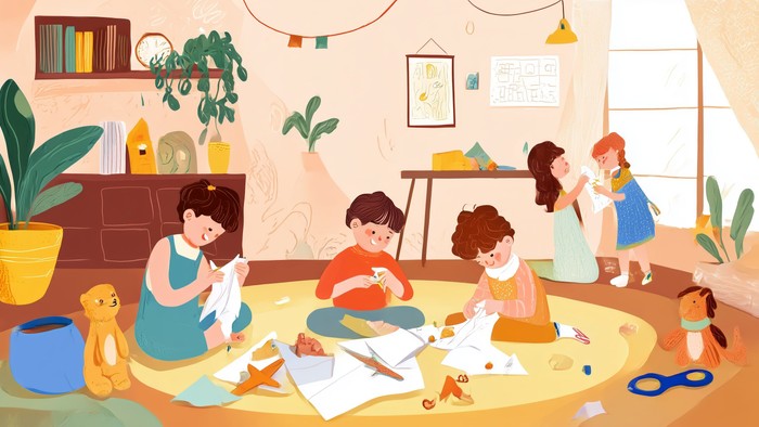 Børn, der laver kreative aktiviteter sammen i et farverigt lokale.