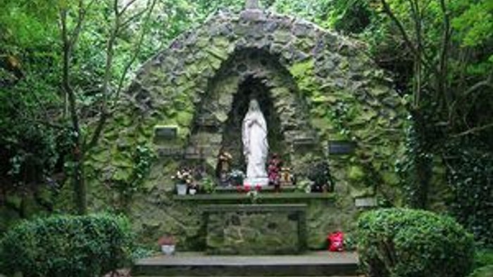 Ein friedvoller Schrein mit einer Statue der Jungfrau Maria, umgeben von Grün und Blumen.