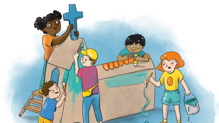 Kinder, die gemeinsam eine Holzkonstruktion bauen.