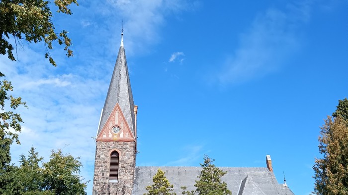 Kirchengebäude mit hohem Turm und spitzem Dach, umgeben von Bäumen und Büschen