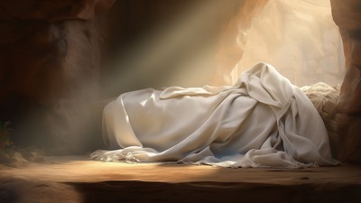 Ein leeres Grab mit weißen Tüchern in einer Höhle, erhellt von Lichtstrahlen.