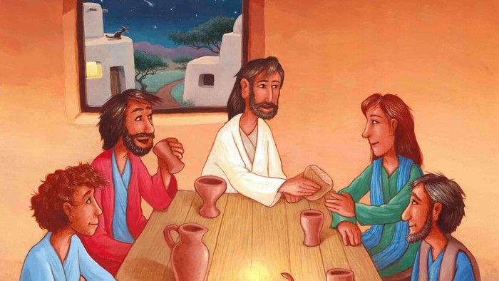 Das Bild zeigt eine Gruppe von Menschen beim Essen mit Jesus.