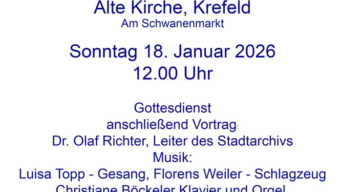 Einladungskarte zur Neujahrsempfangsveranstaltung mit Gottesdienst, Ansprache und Musik in der Alten Kirche Krefeld.