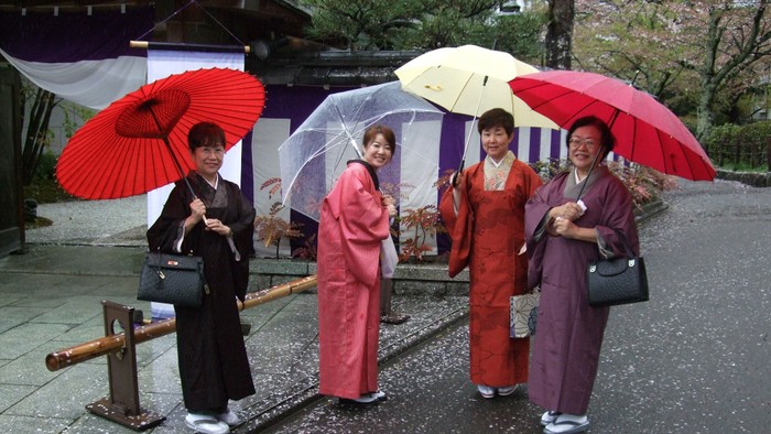 En gruppe kvinder i traditionelle japanske klæder går med paraplyer.