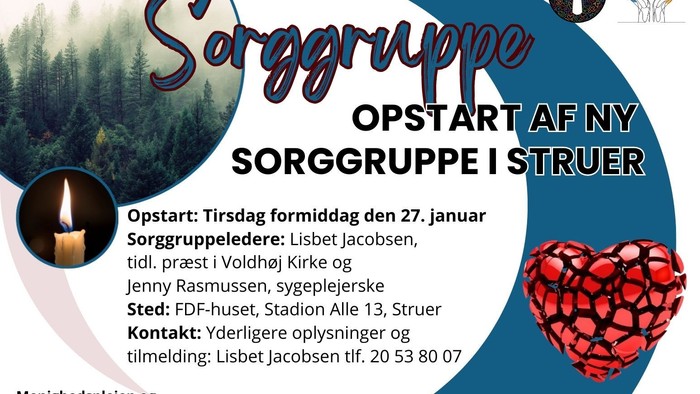 Meddelelse om opstart af ny sorgstøttegruppe i Struer, ledet af Lisbet Jacobsen og Jenny Rasmussen.