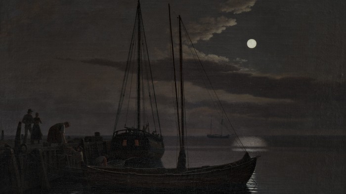 En fredfyldt natscene med en lille båd fortøjet ved en mole under en klar måneskinnet himmel.