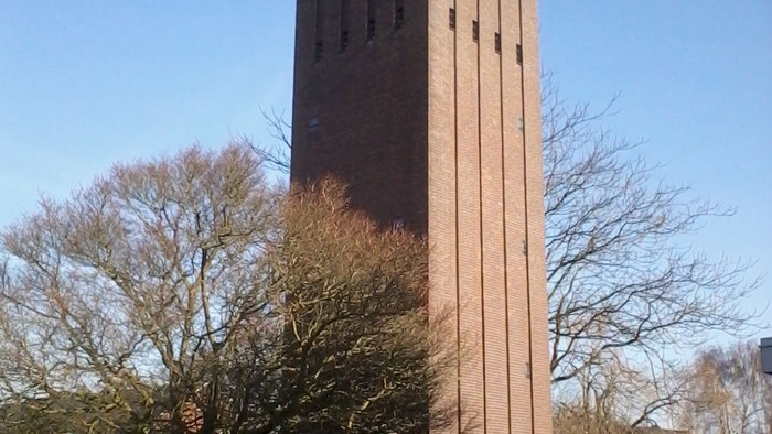 Ein hoher Kirchturm mit Kreuz auf dem Dach, umgeben von Bäumen und Häusern.