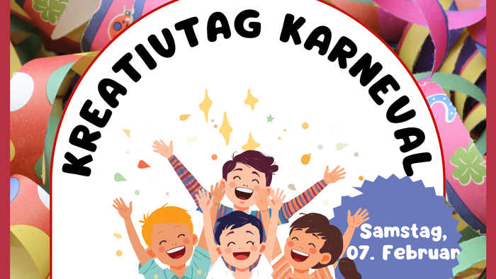 Buntes Plakat zur Bewerbung eines kreativen Karnevalsevents für Kinder von 6 bis 12 Jahren am 7. Februar, inklusive Essen und Getränken.