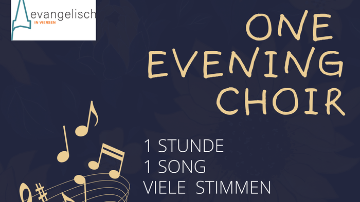 Blaues Plakat mit Noten drauf und Werbung für das Projekt 1 Stunde 1 Song Viele Stimmen