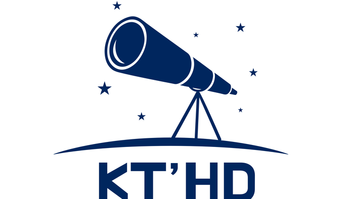 Logo avec un télescope et des étoiles, texte 