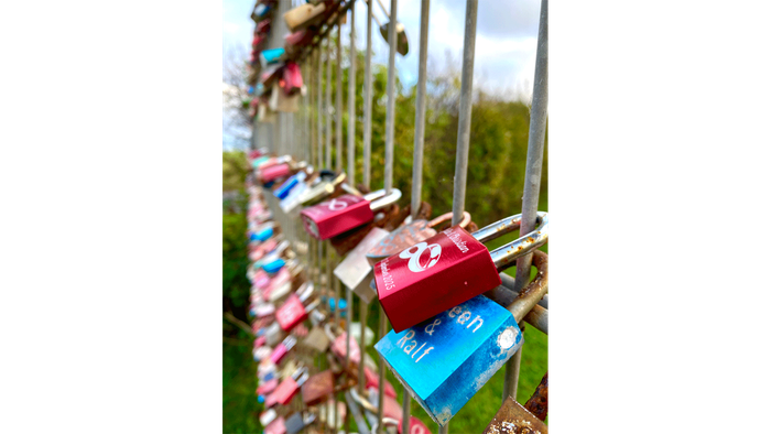 Bunte Liebesschlösser, die an einem Metallzaun in einer Außenumgebung befestigt sind.