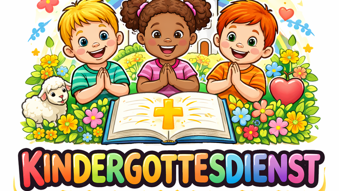 Bunte Illustration von Kindern in einem fröhlichen KinderGottesdienst mit offener Bibel und religiösen Symbolen.