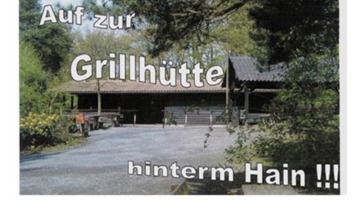 Einladungsplakat für eine Gemeinschaftsveranstaltung in einer Grillhütte mit Gottesdienst und Einweihung am 20. Mai.
