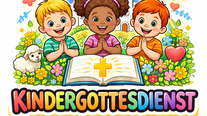Bunte Illustration von Kindern in einem fröhlichen KinderGottesdienst mit offener Bibel und religiösen Symbolen.
