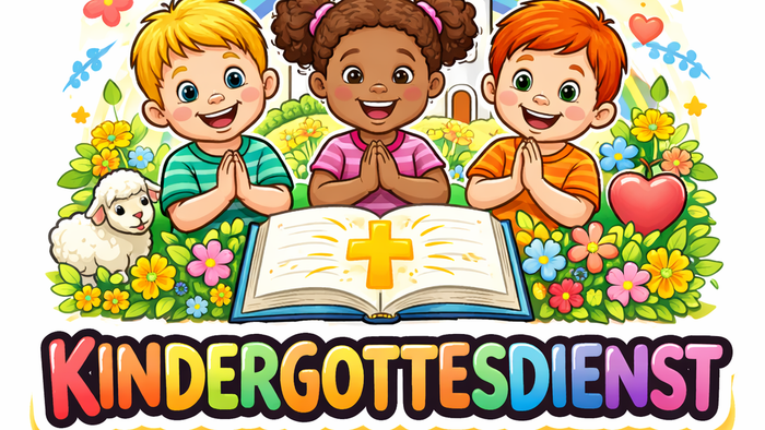 Bunte Illustration von Kindern in einem fröhlichen KinderGottesdienst mit offener Bibel und religiösen Symbolen.