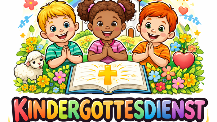 Bunte Illustration von Kindern in einem fröhlichen KinderGottesdienst mit offener Bibel und religiösen Symbolen.