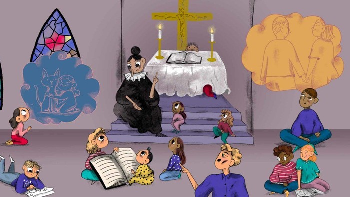 Børn i en kirke, nogle der læser, nogle der beder, med farverige glasmalerier og en præst ved alteret.