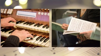 Orgeltasten mit Händen, daneben Chornoten,die von Sängern gehalten werden