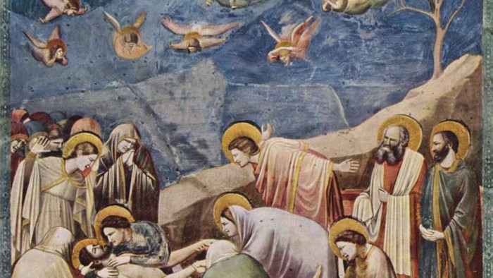 Das Bild zeigt eine religiöse Szene mit Engeln und Menschen.