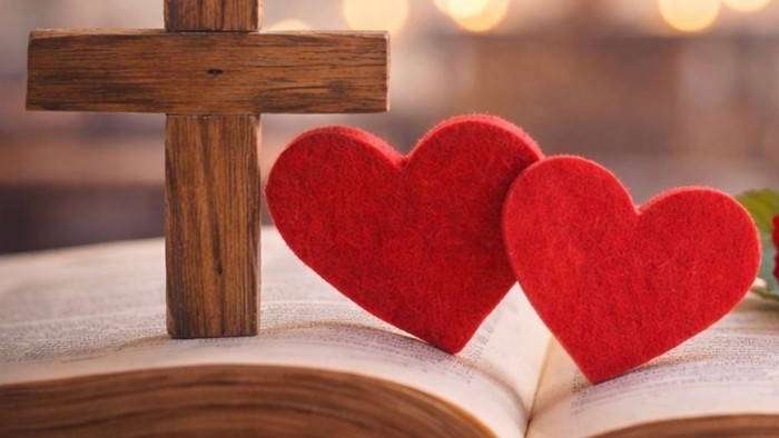 Auf einem offenen Buch steht ein hölzernes Kreuz, umgeben von roten Filzherzen, die Liebe und Glauben symbolisieren.
