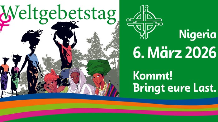 Weltgebetstag-Plakat für Nigeria am 6. März 2026, zur Teilnahme einladend mit kulturellen Illustrationen und einem Regenbogenrand.