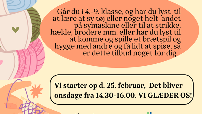 Plakat til en gratis sy- og håndværkscafé for børn i alderen 4-9 år i Nørre Snede Kirkens Fælleshus.