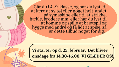 Plakat til en gratis sy- og håndværkscafé for børn i alderen 4-9 år i Nørre Snede Kirkens Fælleshus.